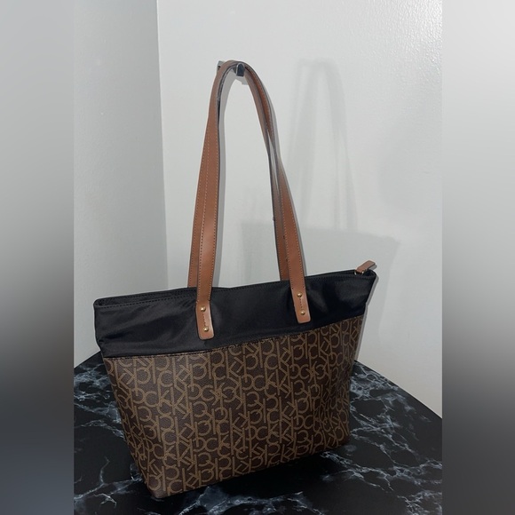 CALVIN KLEIN Handbag Black Brown CK Logo Allover Print Tote Satchel AUTHENTIC - Picture 7 of 11